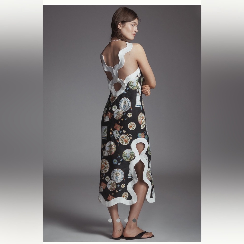 🎉RARE🎉 Farm Rio NWT Anthropologie Linen Scallop-Trim Slim Midi Dress size S. - Picture 10 of 16